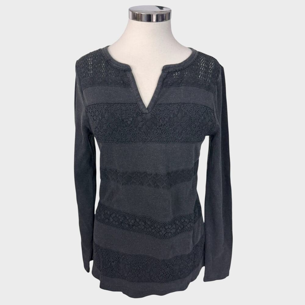 Lucky Brand Womens Medium Sweater Charcoal Gray Notched V Neck